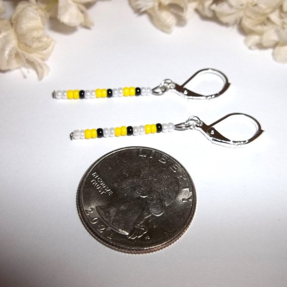 Linear Seed Bead Drop Earring Minimalist Sleek White Pearl Black Yellow Set A723 - Picture 5 of 8